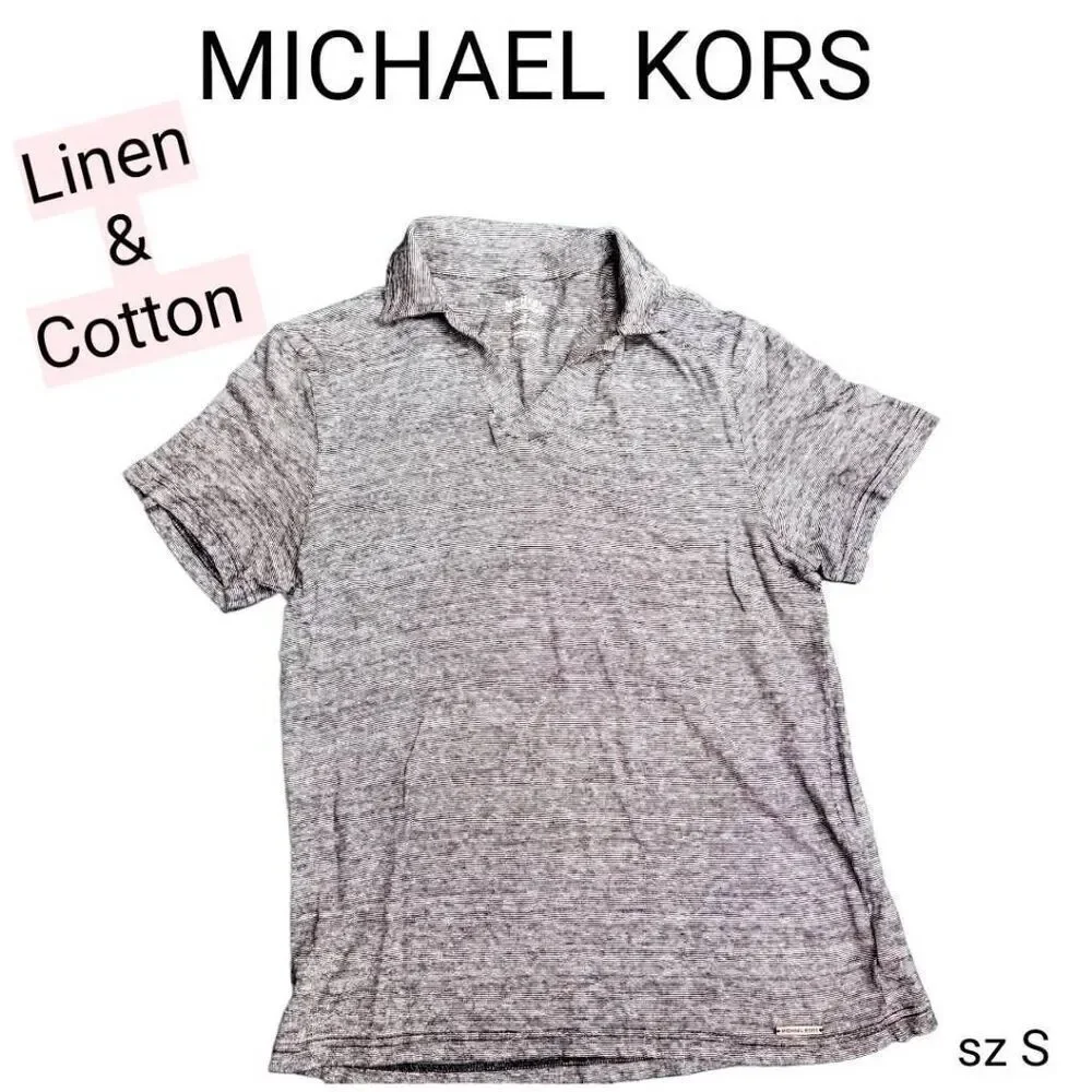 Michael Kors Black and White Short Sleeve Polo Shirt Linen Blend